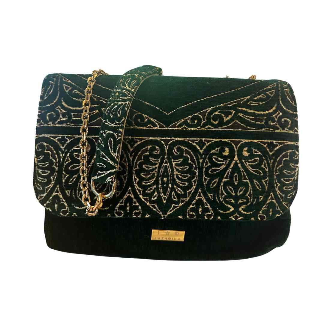 DOUBLE GOLD CHAIN SHOULDER BAG IN BOTH BLACK COTTON AND GREEN VELVET